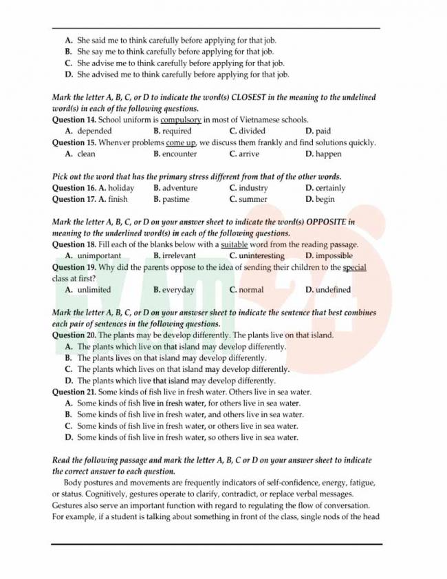 Đề thi thử môn Anh thptqg năm 2018 trường THPT Hoa Lư Ninh Bình trang 2