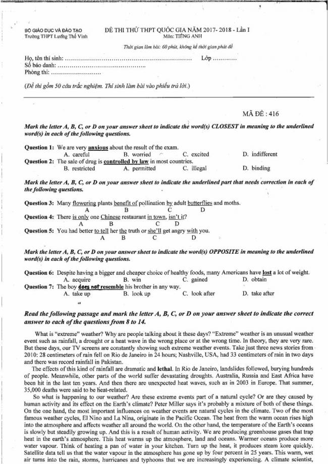 Đề thi thử môn Anh thptqg năm 2018 trường THPT Lương Thế Vinh - Hà Nội trang 1