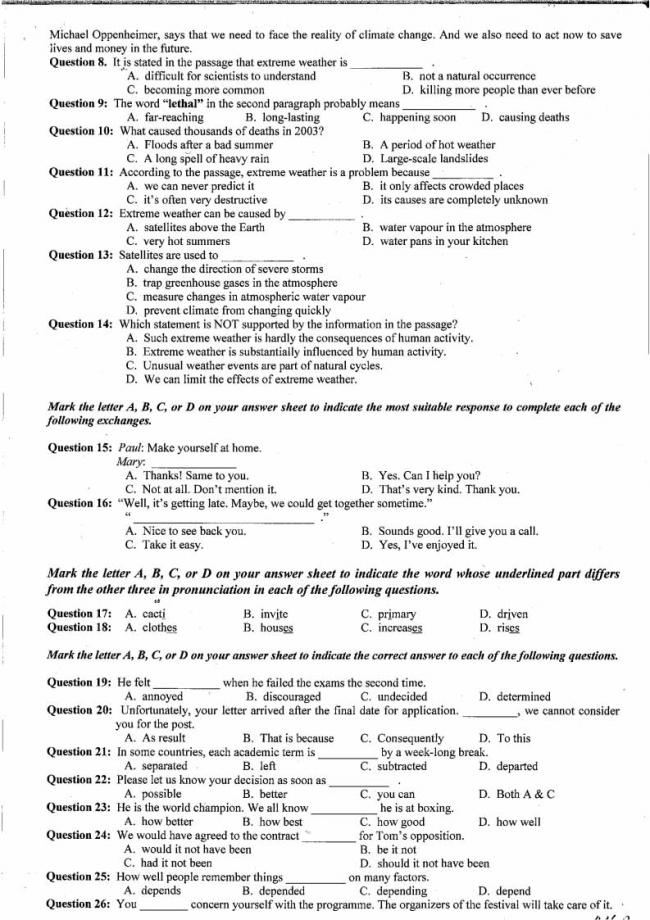 Đề thi thử môn Anh thptqg năm 2018 trường THPT Lương Thế Vinh - Hà Nội trang 2