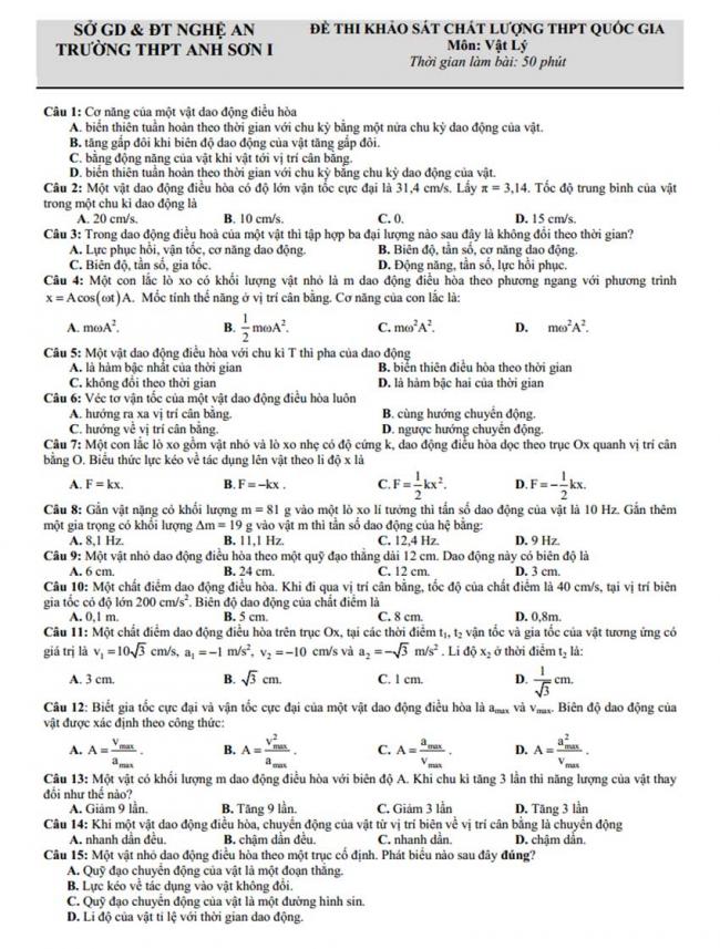 Đề thi thử môn Lý thptqg năm 2018 trường Anh Sơn I – Nghệ An