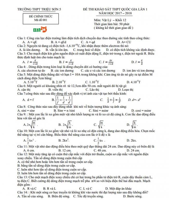 Đề thi thử môn Lý thptqg năm 2018 trường Triệu Sơn 5 – Thanh Hóa