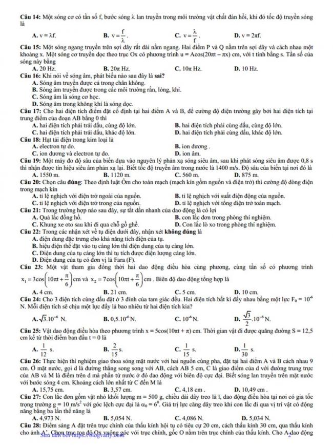 Đề thi thử môn Lý thptqg năm 2018 trường Việt Trì – Phú Thọ 1