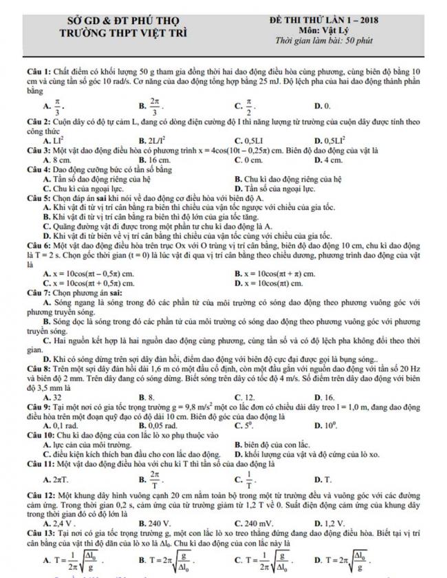 Đề thi thử môn Lý thptqg năm 2018 trường Việt Trì – Phú Thọ
