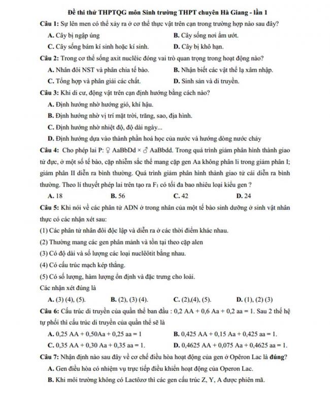 Đề thi thử môn Sinh thptqg năm 2018 trường Chuyên Hà Giang – Hà Giang trang 1