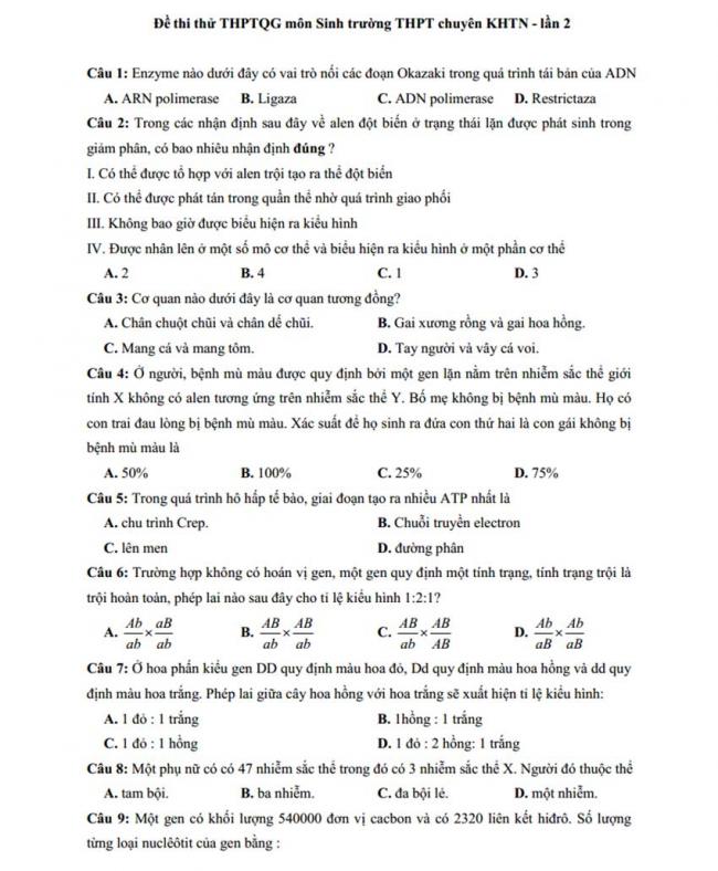 Đề thi thử môn Sinh thptqg năm 2018 trường Chuyên KHTN – Hà Nội trang 1