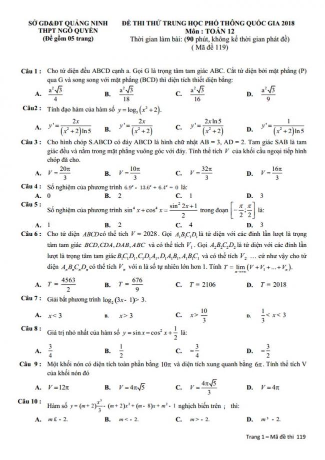 Đề thi thử môn Toán thptqg năm 2018 trường Ngô Quyền - Quảng Ninh lần 1 trang 1