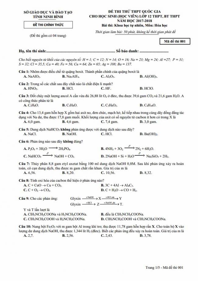 Đề thi thử môn Hóa thptqg năm 2018 tỉnh Ninh Bình trang 1