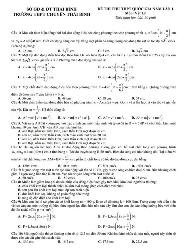 Đề thi thử môn Lý thptqg năm 2018 trường chuyên Thái Bình