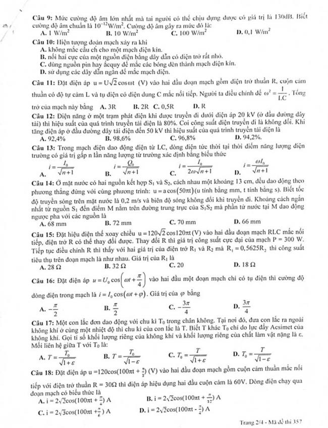 Đề thi thử môn Lý thptqg năm 2018 trường Hàn Thuyên – Bắc Ninh 1