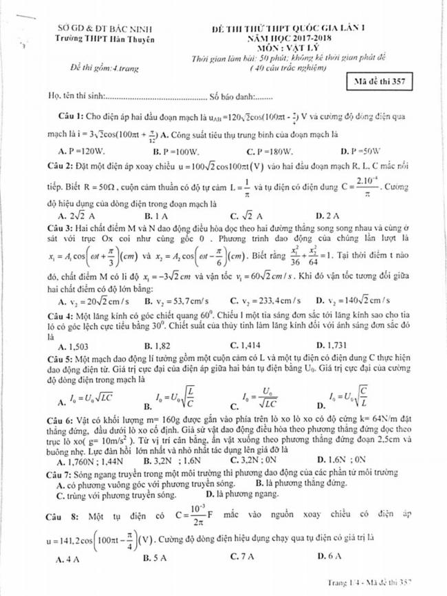Đề thi thử môn Lý thptqg năm 2018 trường Hàn Thuyên – Bắc Ninh