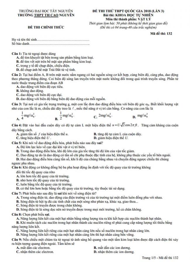 Đề thi thử môn Lý thptqg năm 2018 trường Thực Hành Cao Nguyên – ĐH Tây Nguyên