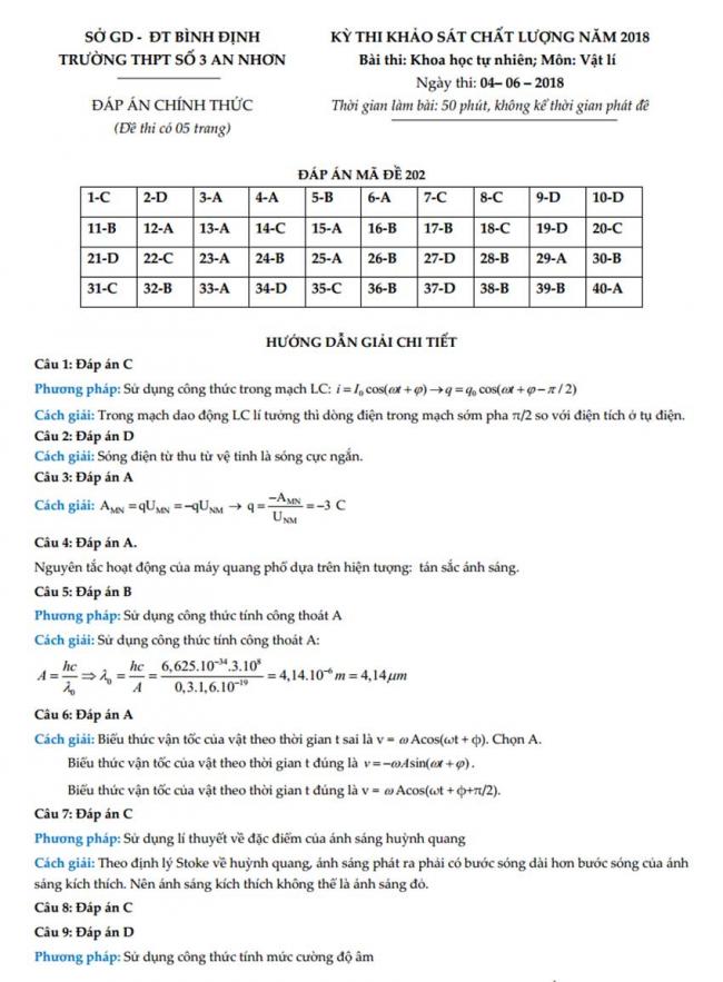 Đáp án Đề thi thử môn Lý thptqg năm 2018 trường số 3 An Nhơn – Bình Định