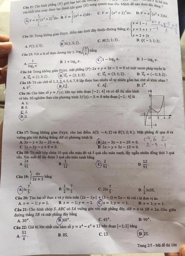 trang 2 mã đề 106 môn Toán thi THPT Quốc Gia 2018