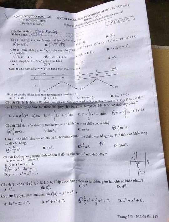 đề toán mã 119 thi thpt quốc gia 2018 trang 1
