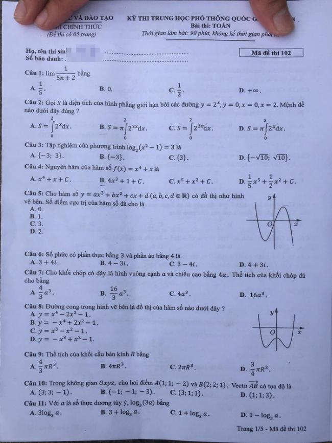 Đề thi Toán mã 102 tốt nghiệp THPTQG năm 2018 trang 1