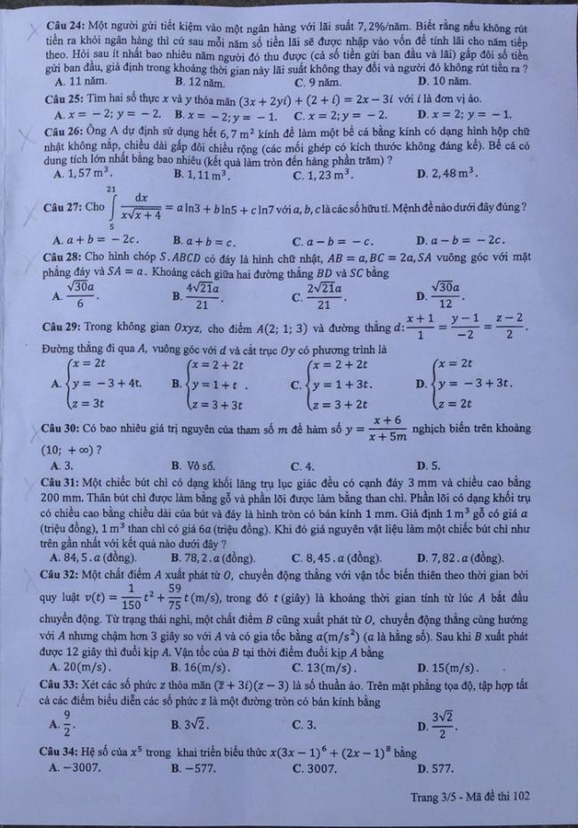 Đề thi Toán mã 102 tốt nghiệp THPTQG năm 2018 trang 3