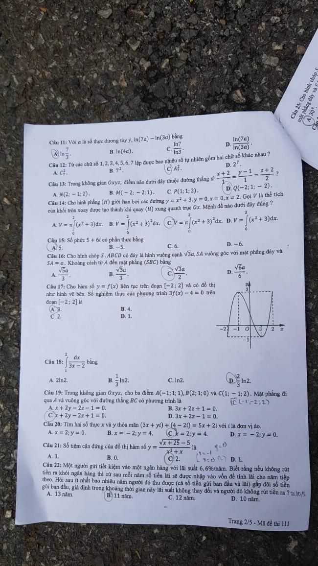 Đề thi Toán mã 111 tốt nghiệp THPTQG năm 2018 trang 2