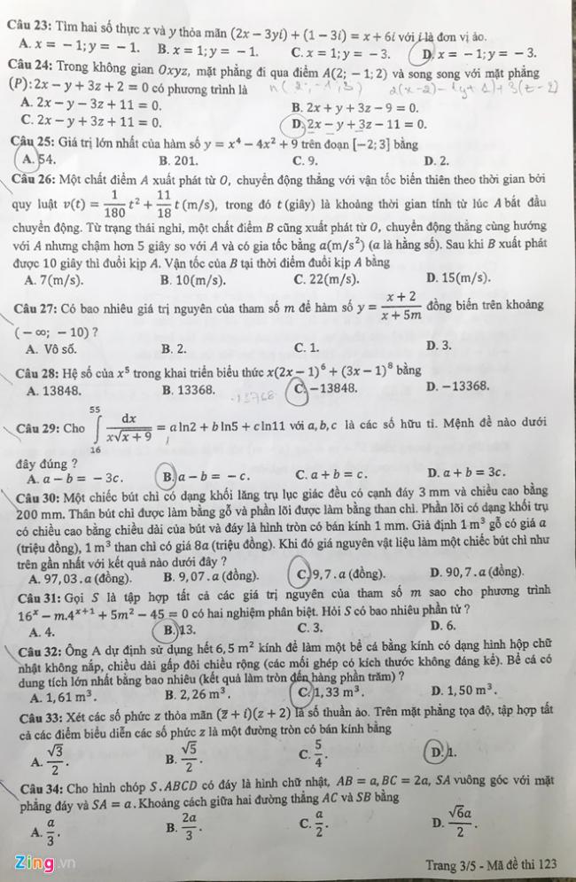 trang 3 mã 123 đề toán thpt 2018
