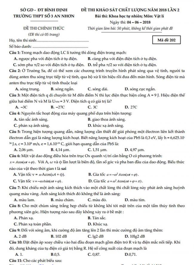 Đề thi thử môn Lý thptqg năm 2018 trường số 3 An Nhơn – Bình Định