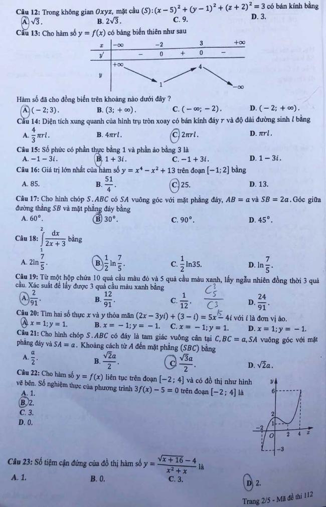trang 2 mã đề 112 môn toán thpt 2018