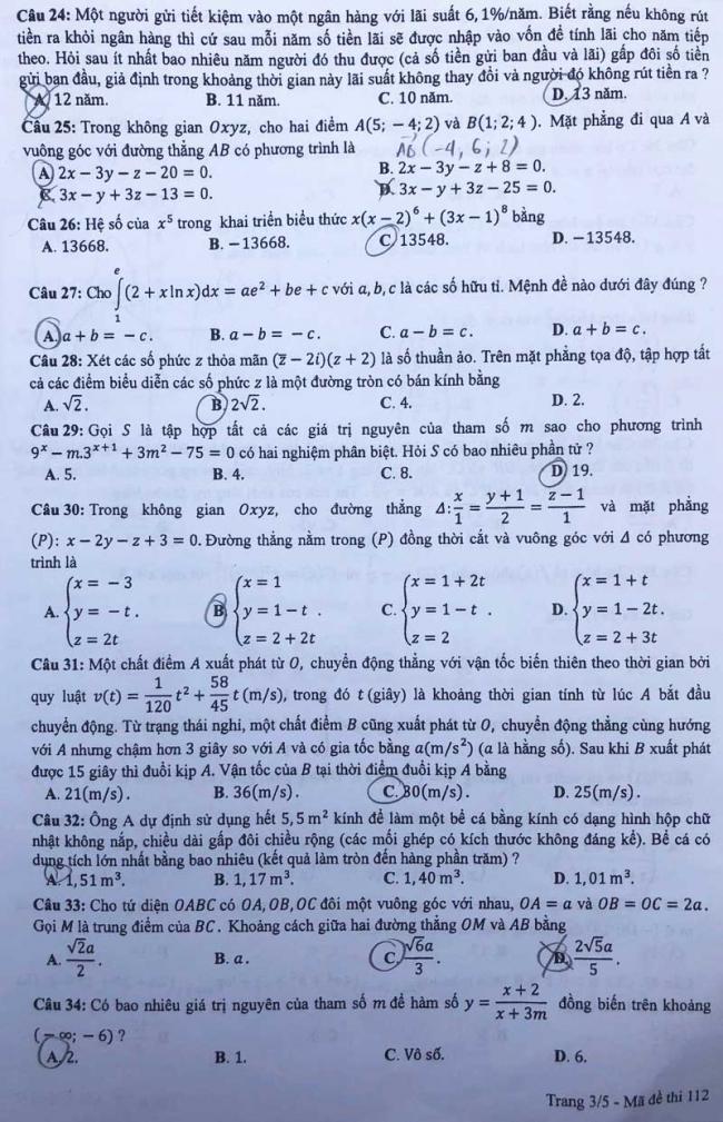 trang 3 mã đề 112 môn toán thpt 2018