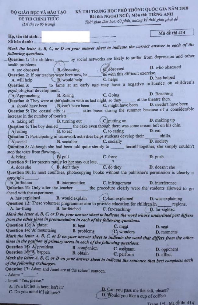Đề thi Anh mã 414 tốt nghiệp THPTQG năm 2018 trang 1