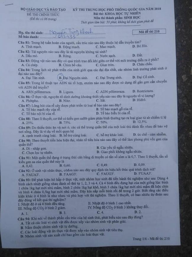 Đề thi Sinh mã 210 tốt nghiệp THPTQG năm 2018 trang 1