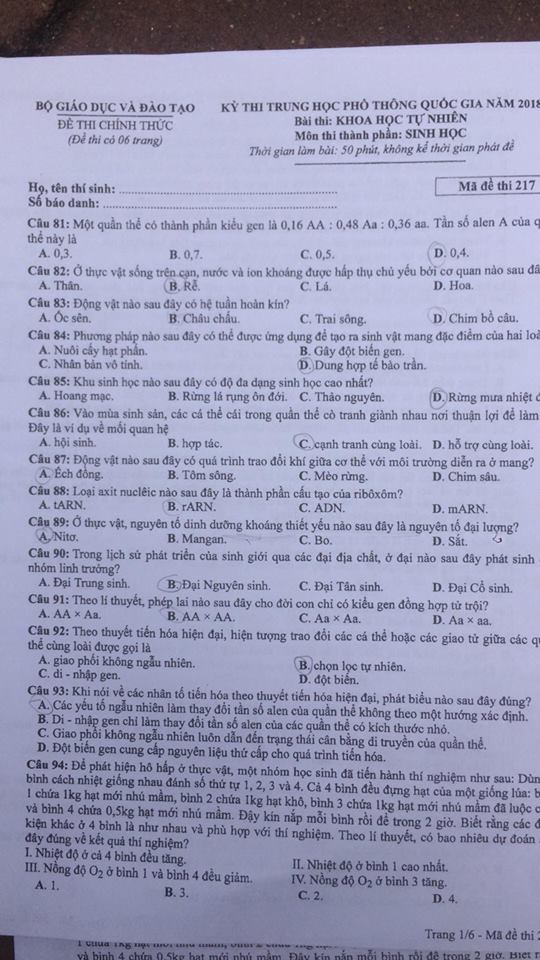 Đề thi Sinh mã 217 tốt nghiệp THPTQG năm 2018 trang 1
