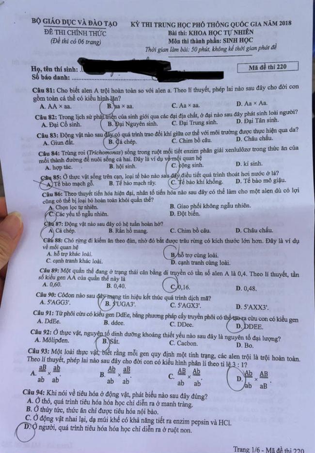 Đề thi Sinh mã 220 tốt nghiệp THPTQG năm 2018 trang 1