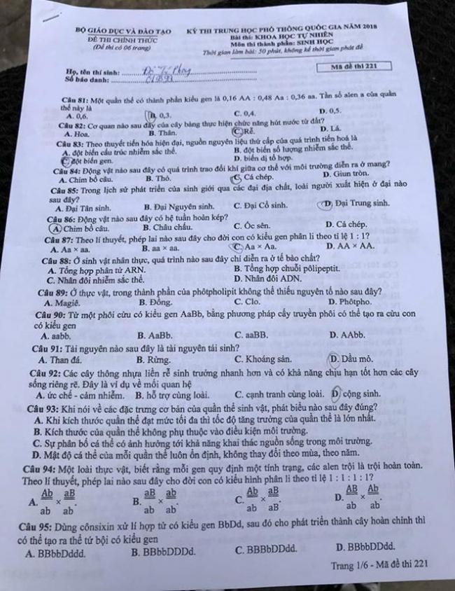 Đề thi Sinh mã 221 tốt nghiệp THPTQG năm 2018 trang 1