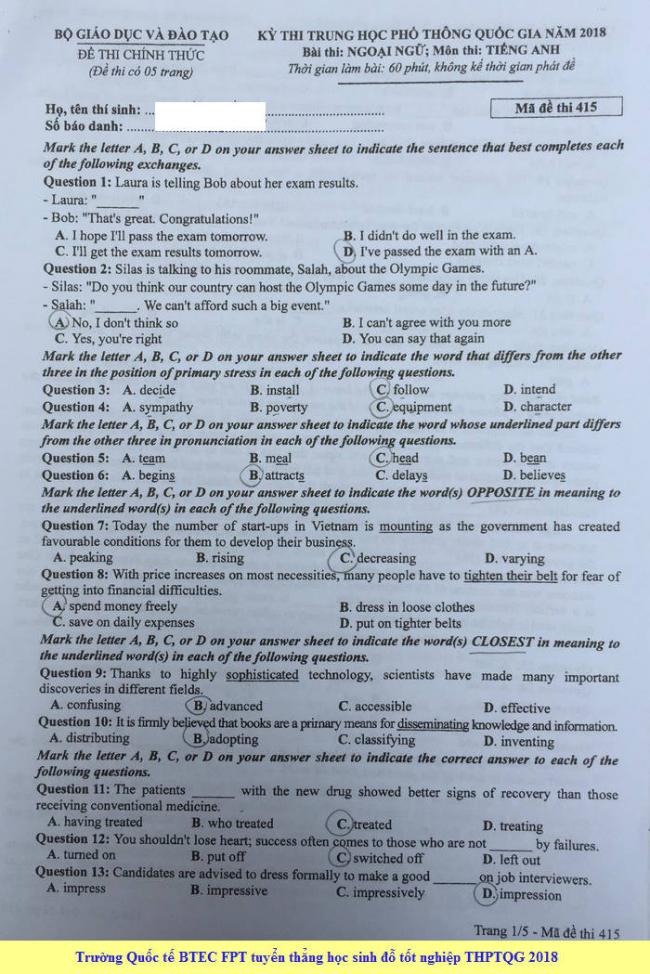 Đề thi Anh mã 415 tốt nghiệp THPTQG năm 2018 trang 1