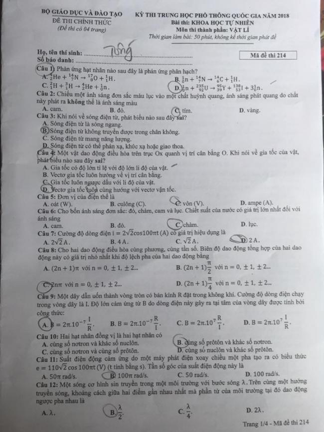 Đề thi Lý mã đề 214 - THPT Quốc Gia 2018 trang 1