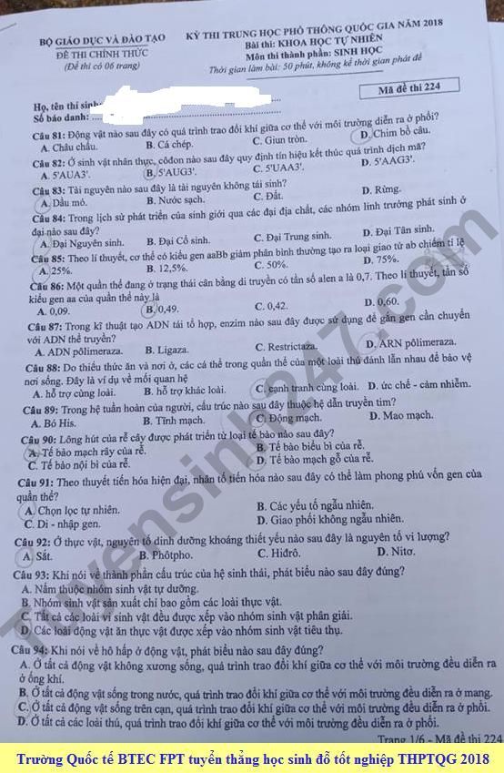 Đề thi Sinh mã 224 tốt nghiệp THPTQG năm 2018 trang 1