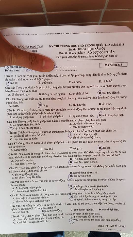 Đề thi GDCD mã 315 tốt nghiệp THPTQG năm 2018 trang 1