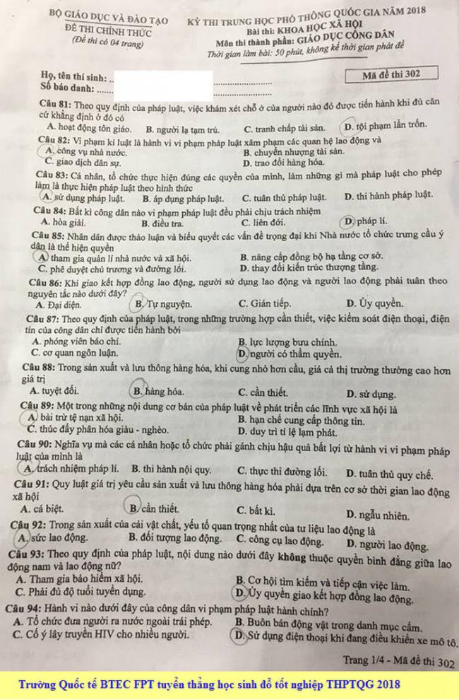 Đề thi GDCD mã 302 tốt nghiệp THPTQG năm 2018 trang 1