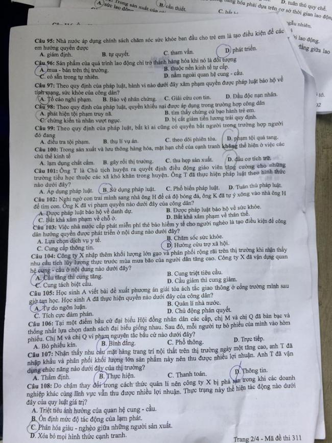 Đề thi GDCD mã 311 tốt nghiệp THPTQG năm 2018 trang 2