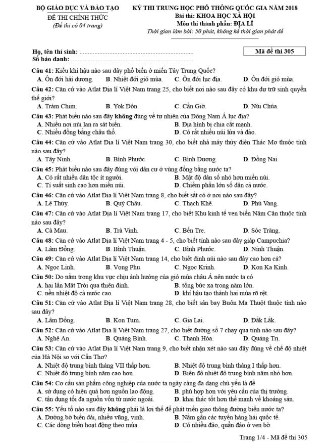 Đáp án đề thi Địa mã đề 305 - THPT Quốc Gia 2018 1