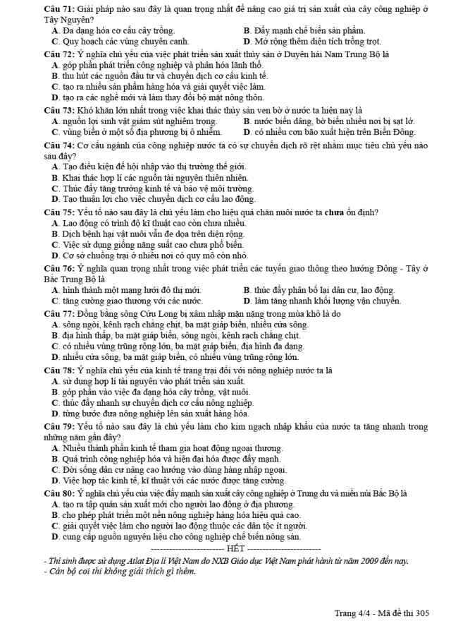 Đáp án đề thi Địa mã đề 305 - THPT Quốc Gia 2018 4