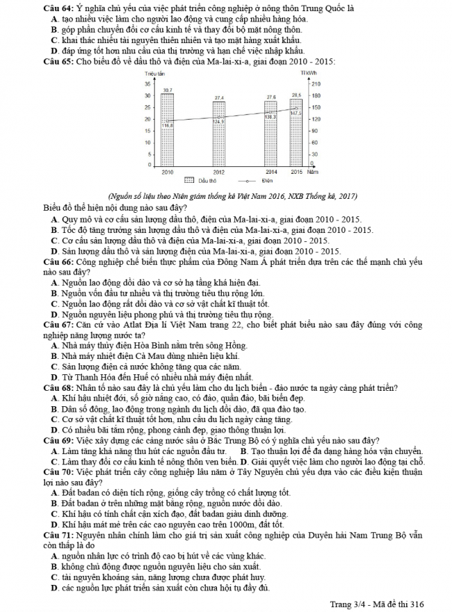 Đáp án đề thi Địa mã đề 316 - THPT Quốc Gia 2018 3