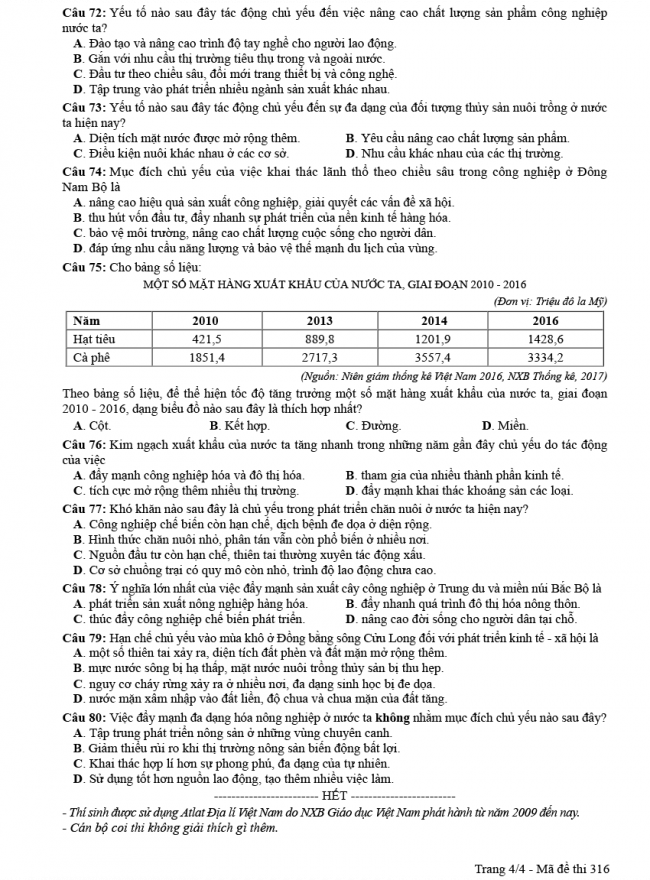 Đáp án đề thi Địa mã đề 316 - THPT Quốc Gia 2018 4