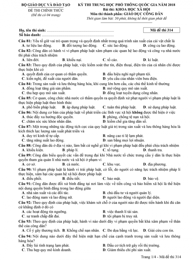 Đáp án đề thi GDCD mã đề 314 - THPT Quốc Gia 2018 1
