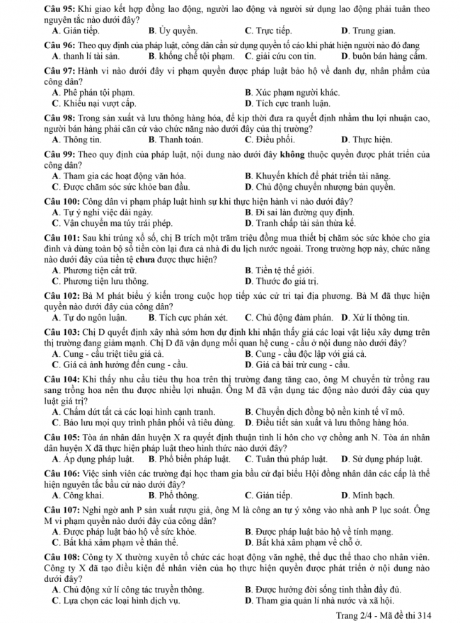 Đáp án đề thi GDCD mã đề 314 - THPT Quốc Gia 2018 2