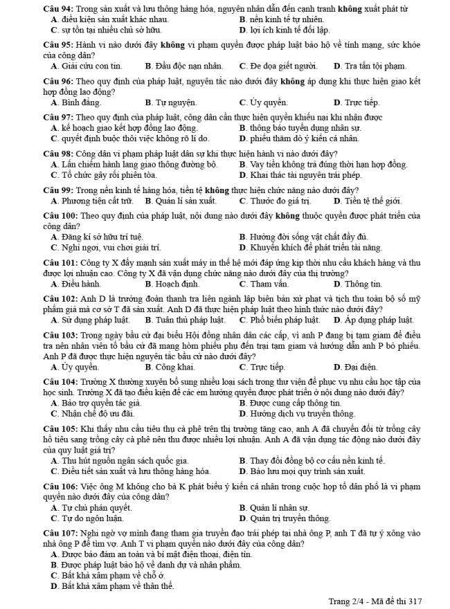 Đáp án đề thi GDCD mã đề 317 - THPT Quốc Gia 2018 2