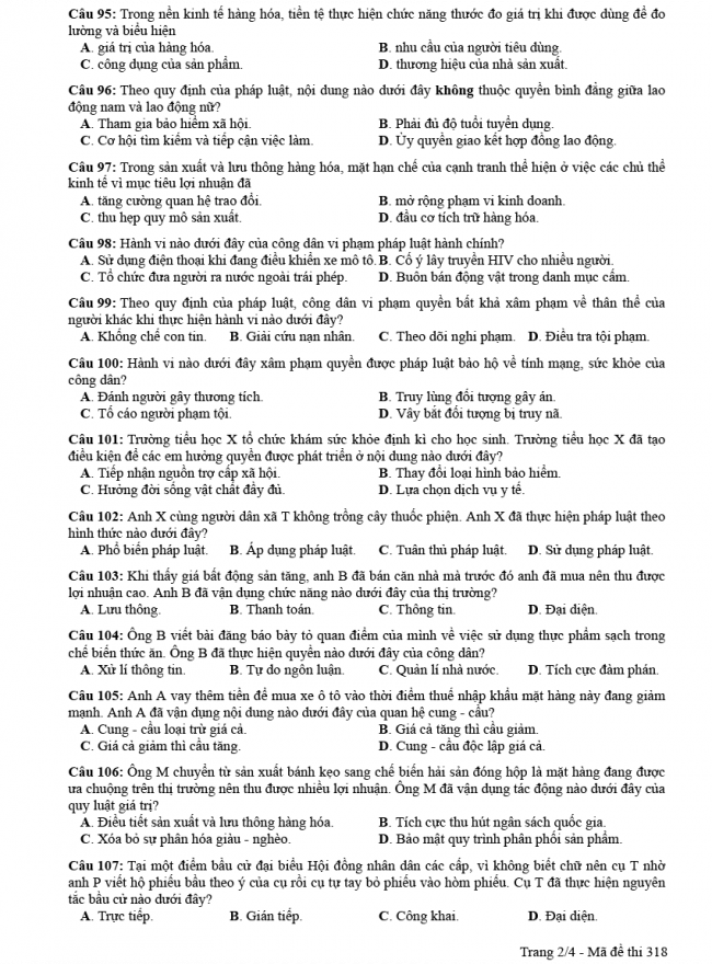Đáp án đề thi GDCD mã đề 318 - THPT Quốc Gia 2018 2