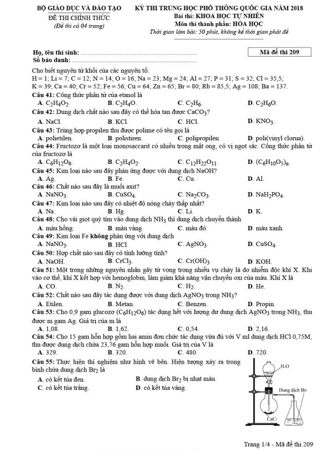Đáp án đề thi Hóa mã đề 209 - THPT Quốc Gia 2018 1