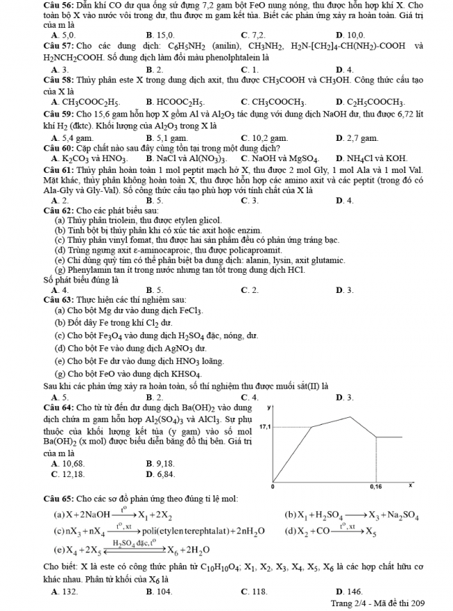 Đáp án đề thi Hóa mã đề 209 - THPT Quốc Gia 2018 2