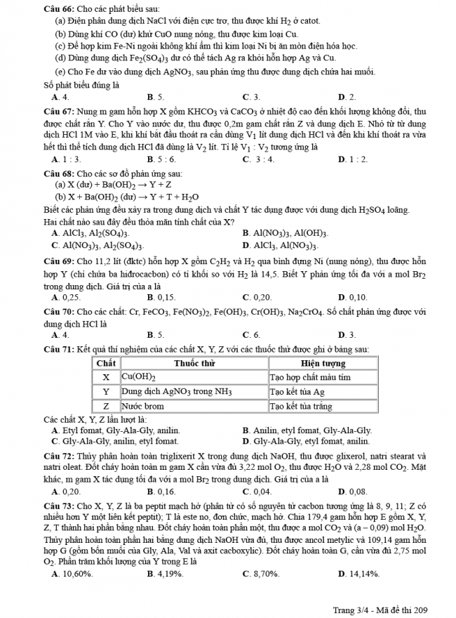 Đáp án đề thi Hóa mã đề 209 - THPT Quốc Gia 2018 3