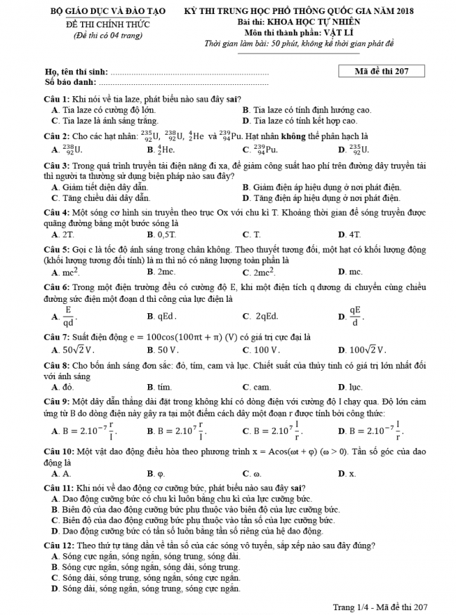 Đáp án đề thi Lý mã đề 207 - THPT Quốc Gia 2018 1