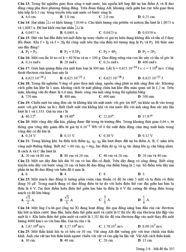 Đáp án đề thi Lý mã đề 207 - THPT Quốc Gia 2018 2