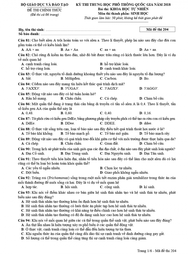 Đáp án đề thi Sinh mã đề 204 - THPT Quốc Gia 2018 1